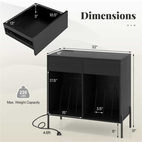 Record Player Storage Stand - Customizable Vinyl Compartments, Built-in Charging Station, Metal Legs & Floor-Protecting Pads-14