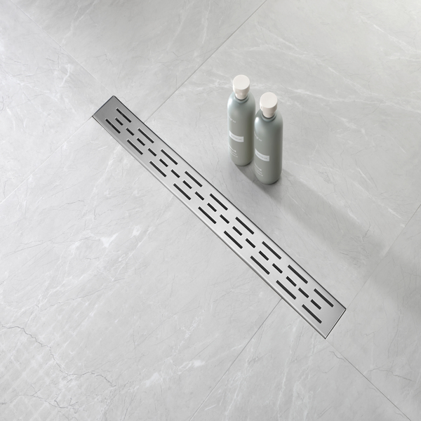 30 Inch Linear Shower Drain with Removable Brick Patterned Grate Cover, 304 Stainless Steel Shower Floor Drain with Hair Strainer and Leveling Feet-15