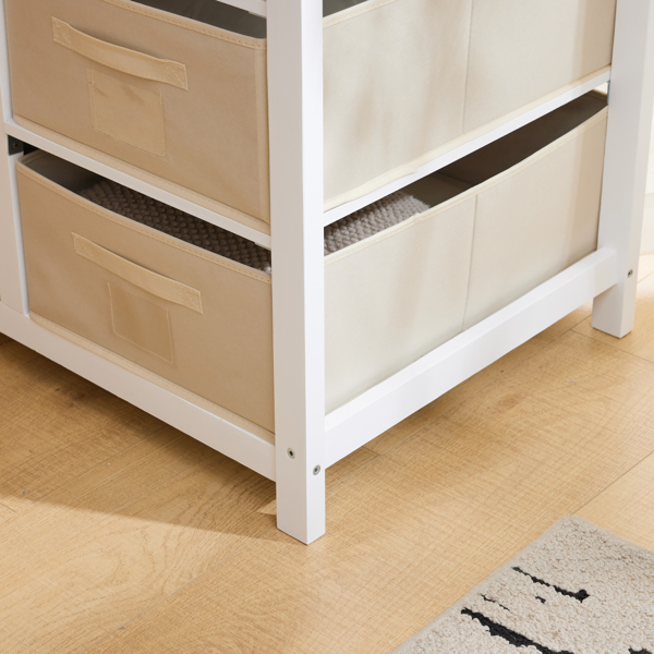 White painted pine wood frame, removable top, 87*53*87.5cm children's wooden bed with 3 fabric drawers + 1 fabric bag, and a changing table-47