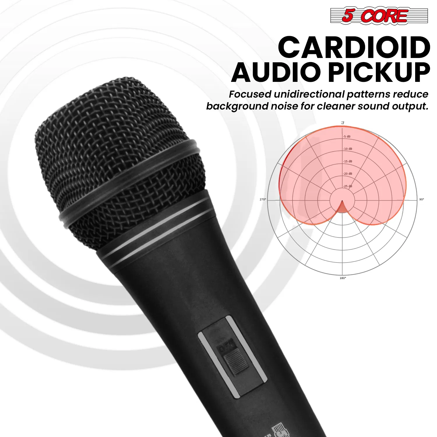 5 CORE Professional Dynamic Vocal Microphone Neodymium Cardioid Unidirectional Handheld Mic for Singing Karaoke Steel Mesh Grille Metal Body With ON Off Switch + 16ft Detachable Cable + Clip + Bag image 2