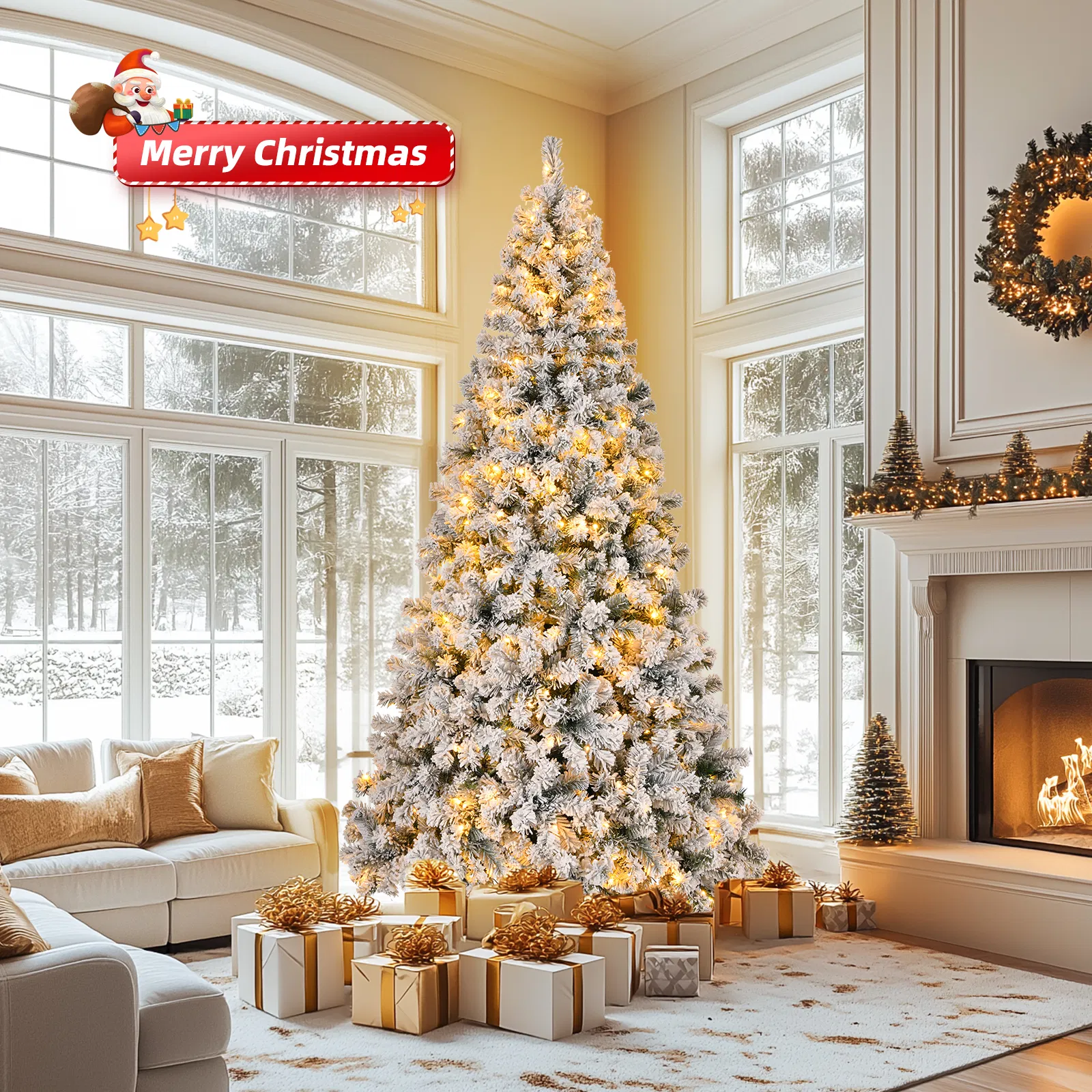 8 FT Pre-lit Snow Flocked Christmas Tree, Artificial Hinged Xmas Pine Tree with 1300 Branch Tips, 500… image 10
