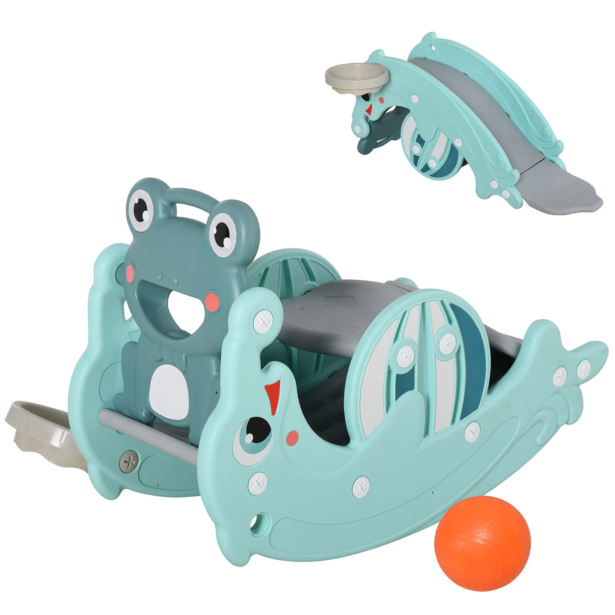 3-in-1 Kids Slide And Rocking Horse Dual-Use Children Activity Equipment Portable Slide Indoor Outdoor Playground Toy W/ Basketball Hoop Toddler Birthday Gift, Age 1.5-3, Green