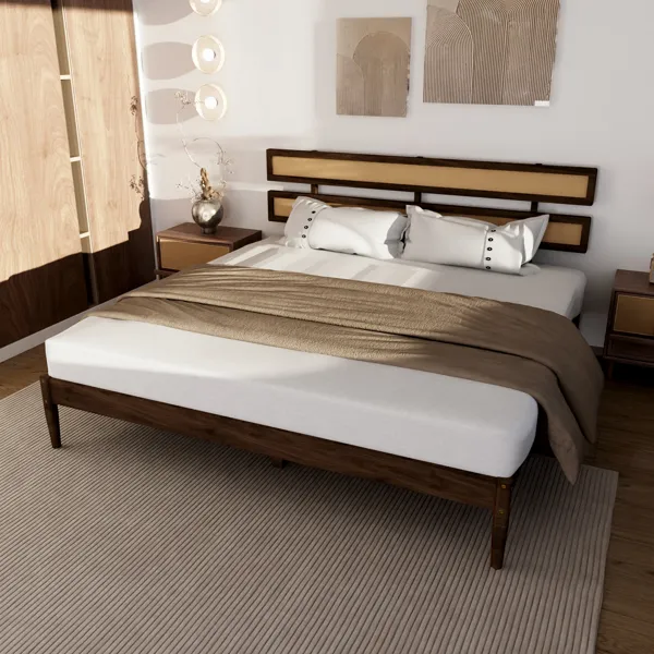 Dark walnut wood painted finish + rattan and pine wood double headboard King size bed, Bohemian style image 5