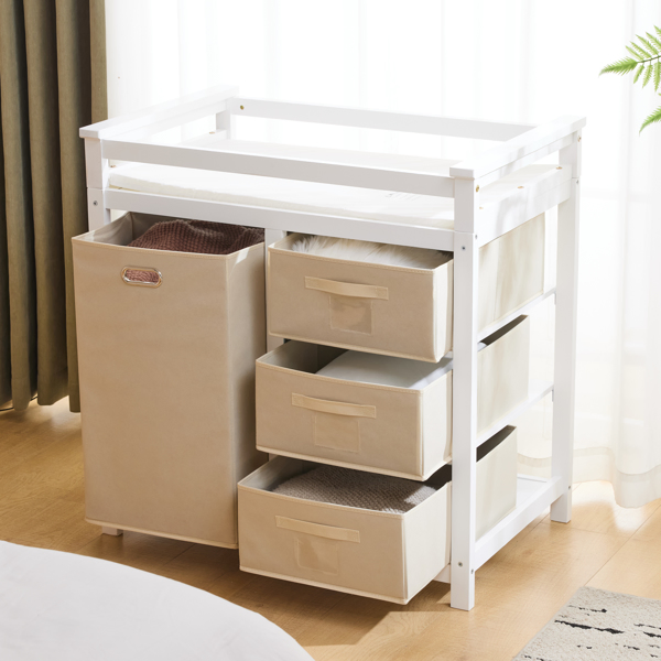 White painted pine wood frame, removable top, 87*53*87.5cm children's wooden bed with 3 fabric drawers + 1 fabric bag, and a changing table-58