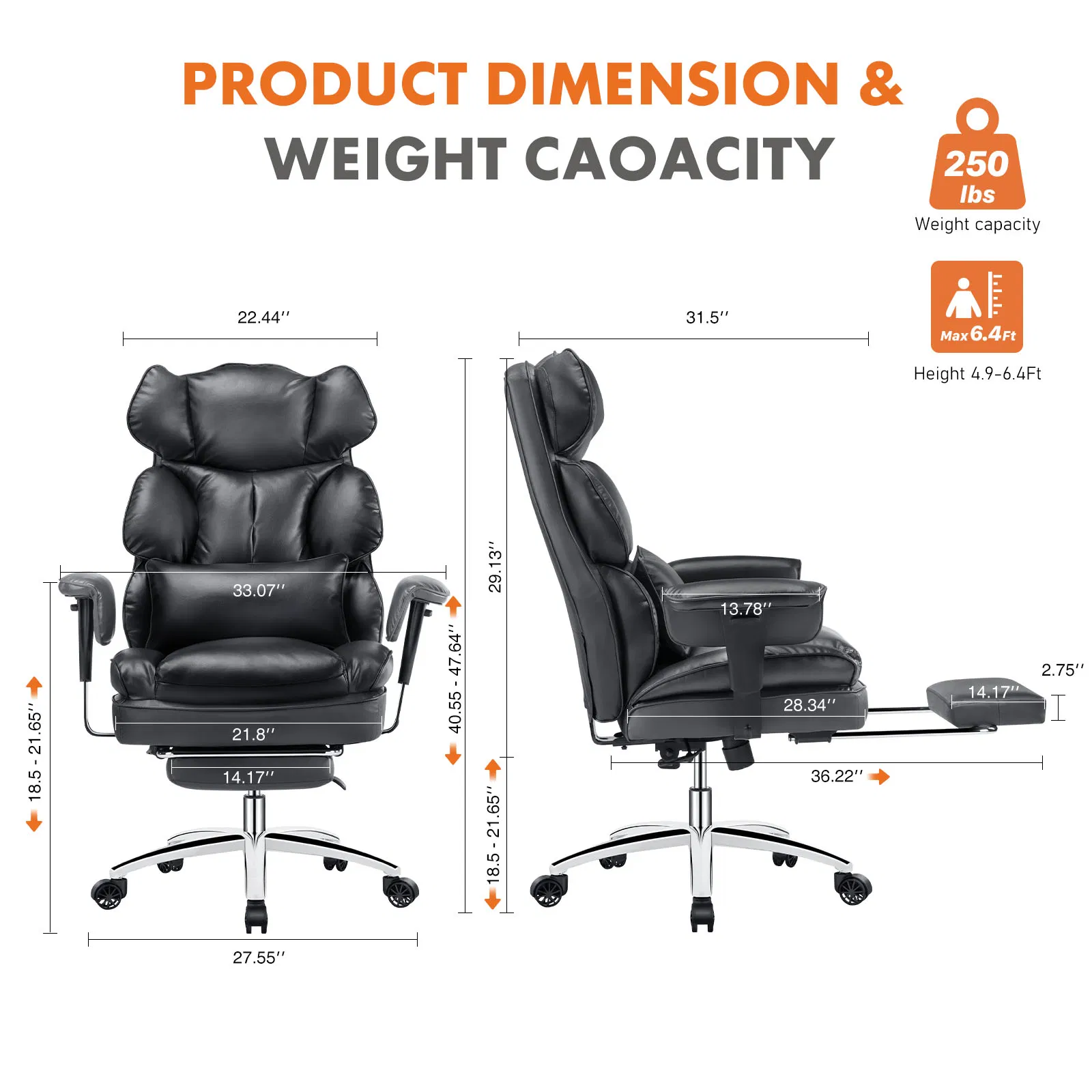 Executive Home Office Desk Chair Ergonomic High Back with Footrest & Lumbar Support, Reclining Height Adjustable PU Leather with Swivel Wheels image 5