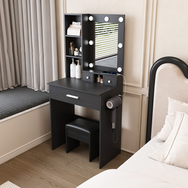 Vanity Table with Mirror & Adjustable LED Lights, Power Outlet, Hairdryer Holder & Stool – Compact Dressing Desk for Small Bedrooms(Black) -16