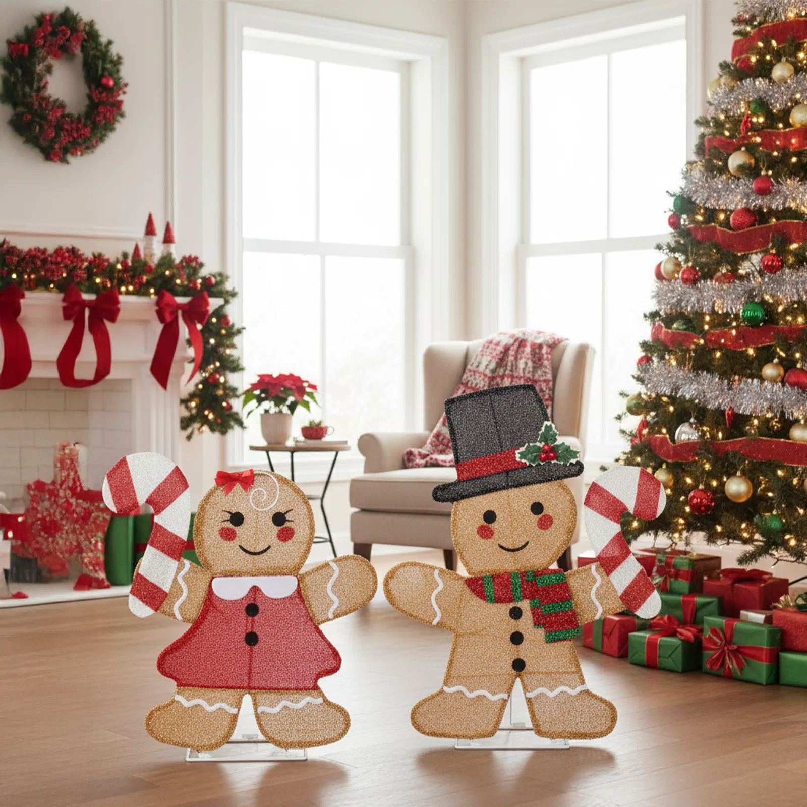 Set of 2 Lighted Gingerbread Man and Candy Cane Christmas Decorations, Pre-lit 2D Holiday Decor with 80… image 15