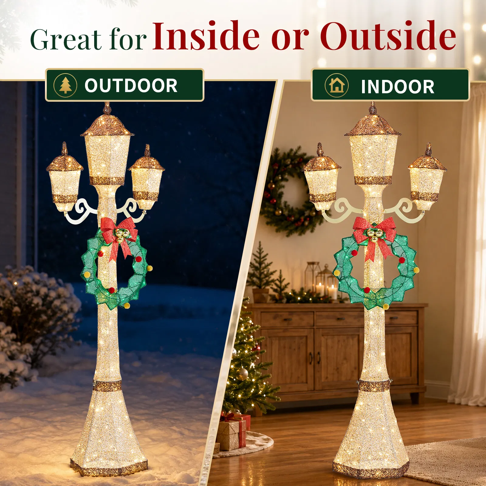 6FT Gold 3-Head Street Lamp with Wreath, 210 Warm White LEDs, Christmas Light Post, US Plug image 5