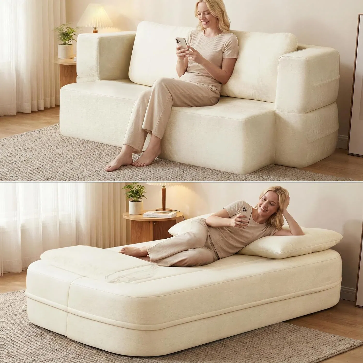 Convertible Sofa Bed with Blanket, Boneless Cloud Couch Queen Scott Fabric for Living Room Bedroom, Modular Loveseat with High-Density Solid Sponge No Assembly, Beige