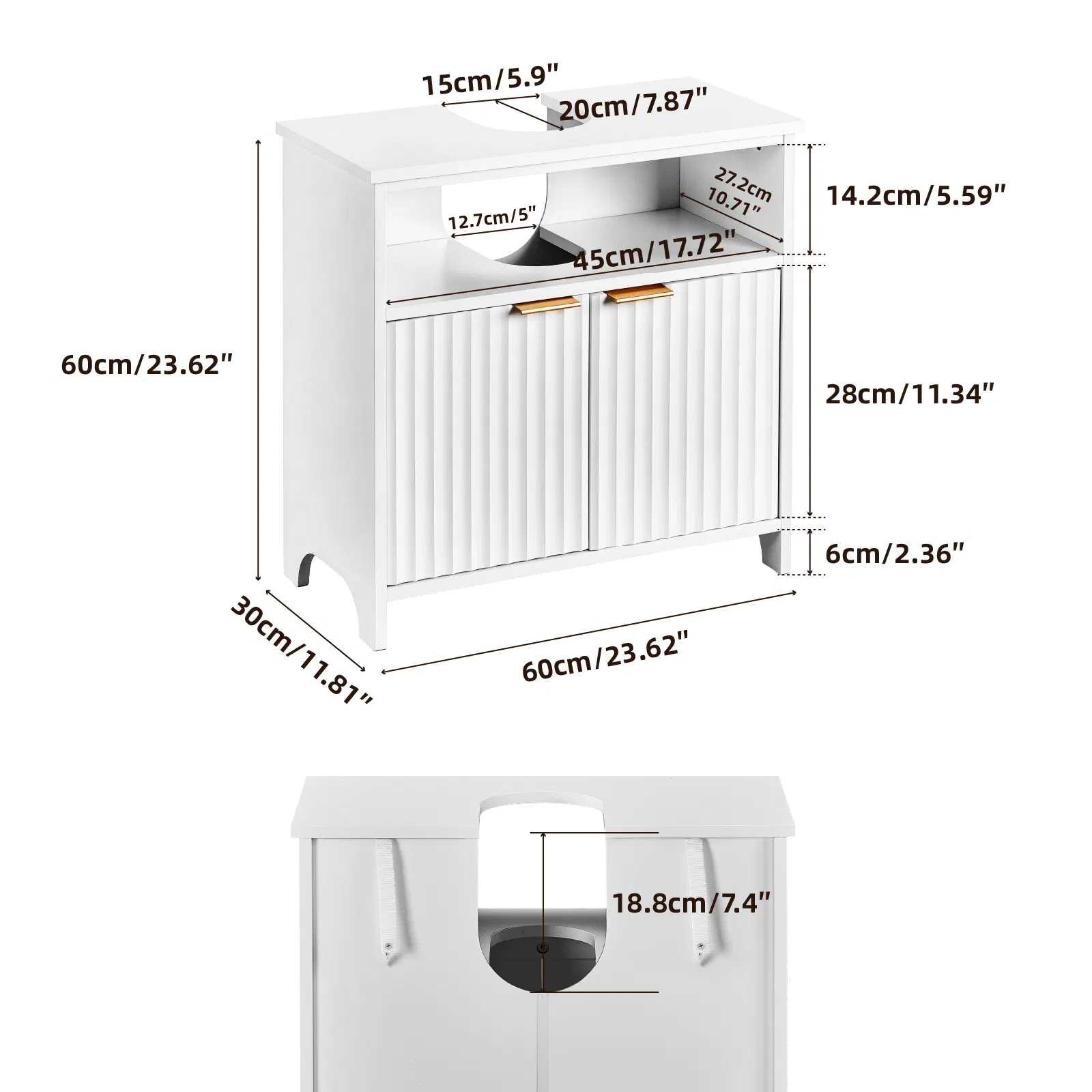White particleboard with melamine veneer, grille thermoformed, two-door, one-shelf bathroom vanity unit… image 3