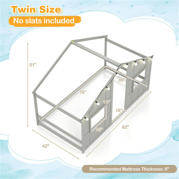 Twin-Size Kids House Gray Floor Bed- 82