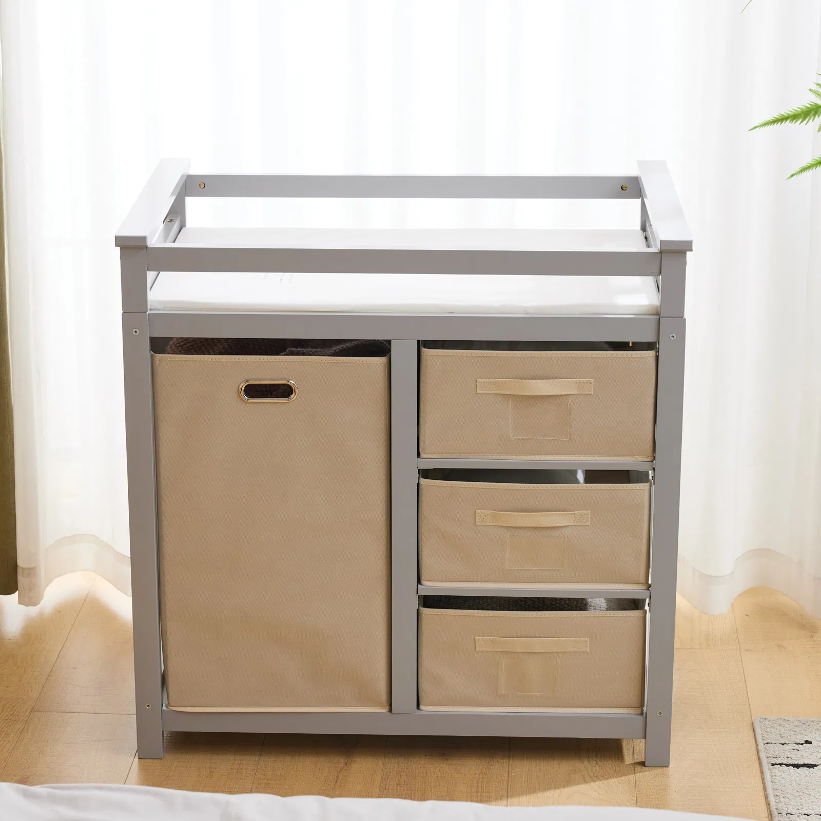 Gray painted pine wood frame children's bed with removable top, 87*53*87.5cm, includes 3 fabric drawers… image 11