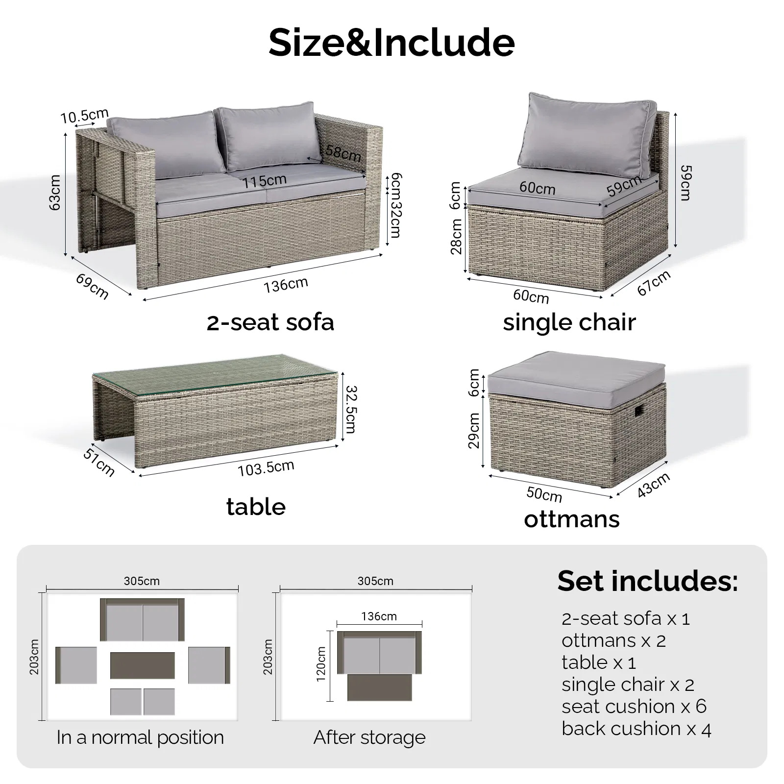 2pcs armless sofa + 2pcs footstool + 1pcs double sofa + 1pcs coffee table with storage, gray gradient… image 3