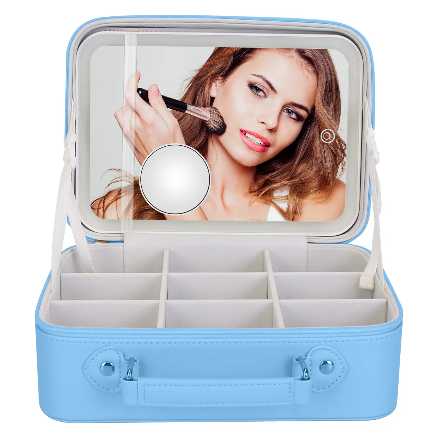 Travel Makeup Bag With 3 Light Colors Dimmable Brightness LED Mirror Detachable 10X Magnifying Mirror Adjustable Dividers Portable Waterproof Cosmetic Organizer Case