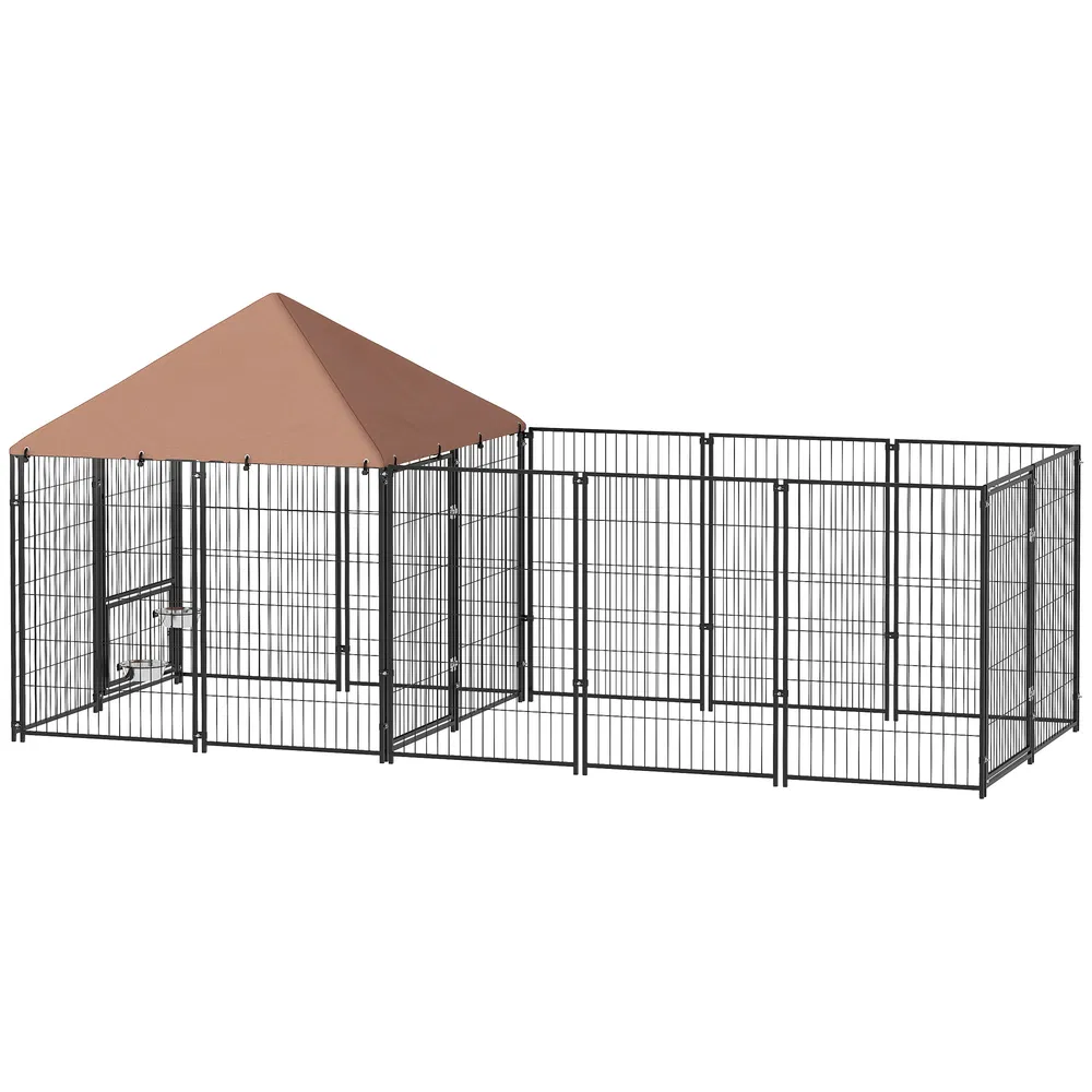 Outdoor Dog Kennel with Rotating and Adjustable Height Bowls, Waterproof UV-Resistant Cover, 11.3' x 4.7' x 5.1'