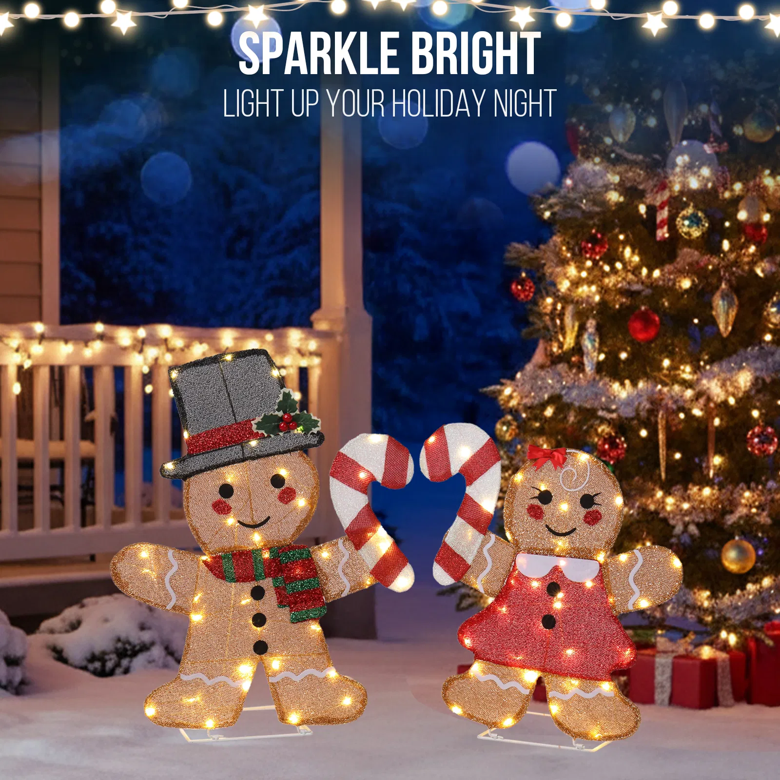 Set of 2 Lighted Gingerbread Man and Candy Cane Christmas Decorations, Pre-lit 2D Holiday Decor with 80… image 14