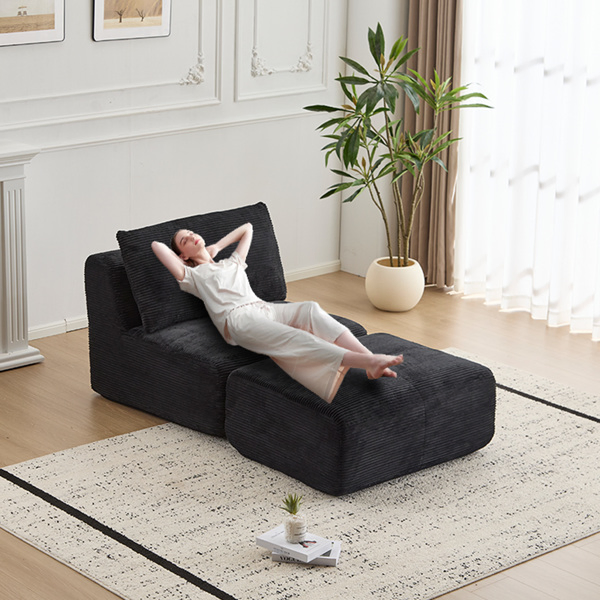 Modern Memory Foam Compressed Sofa,Single Chaise Longue for Living Room,Pet-Friendly Cloud Modular Sectional Sofa,Corduroy Fabric,Movable Ottoman,No Assembly required,Black-13