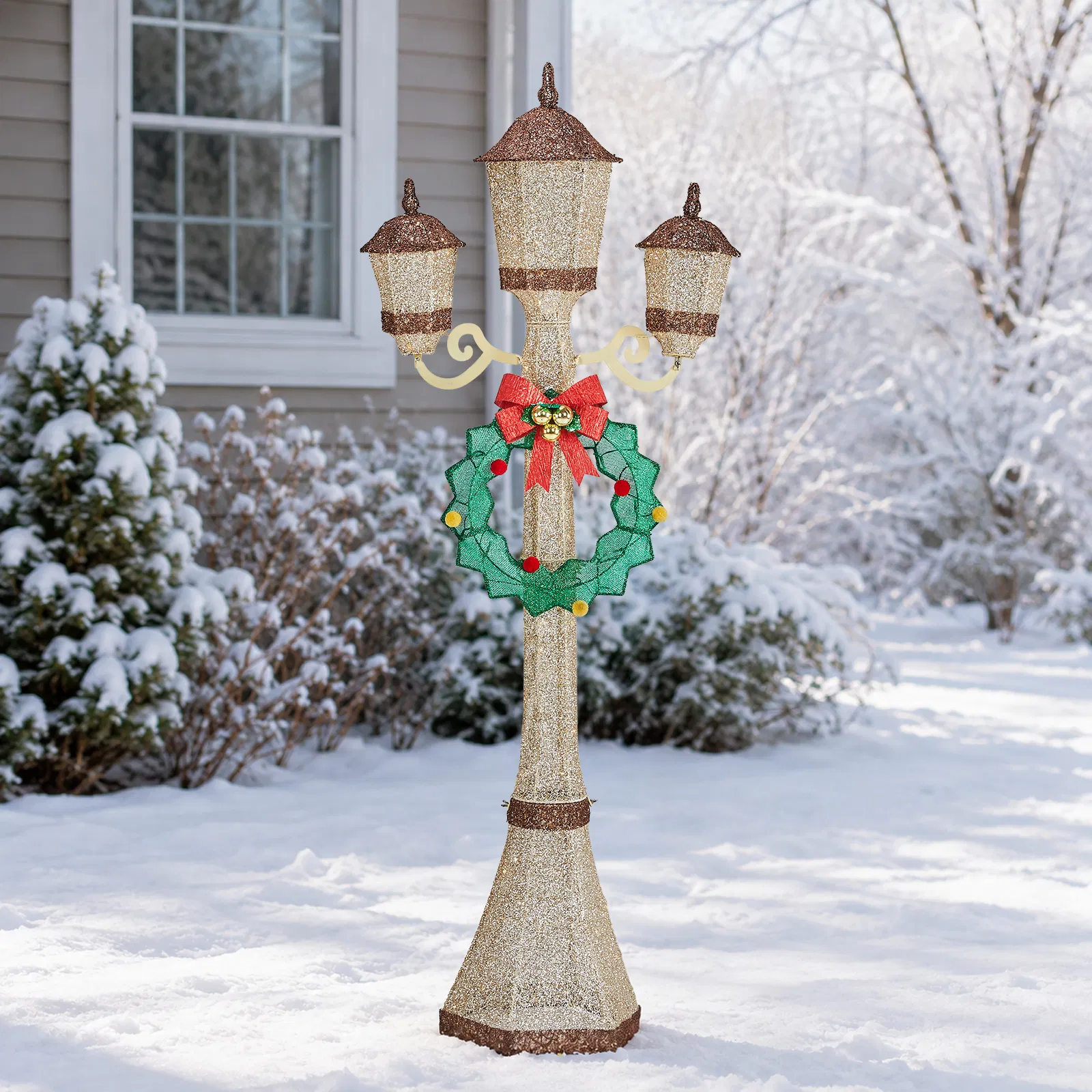 6FT Gold 3-Head Street Lamp with Wreath, 210 Warm White LEDs, Christmas Light Post, US Plug image 9
