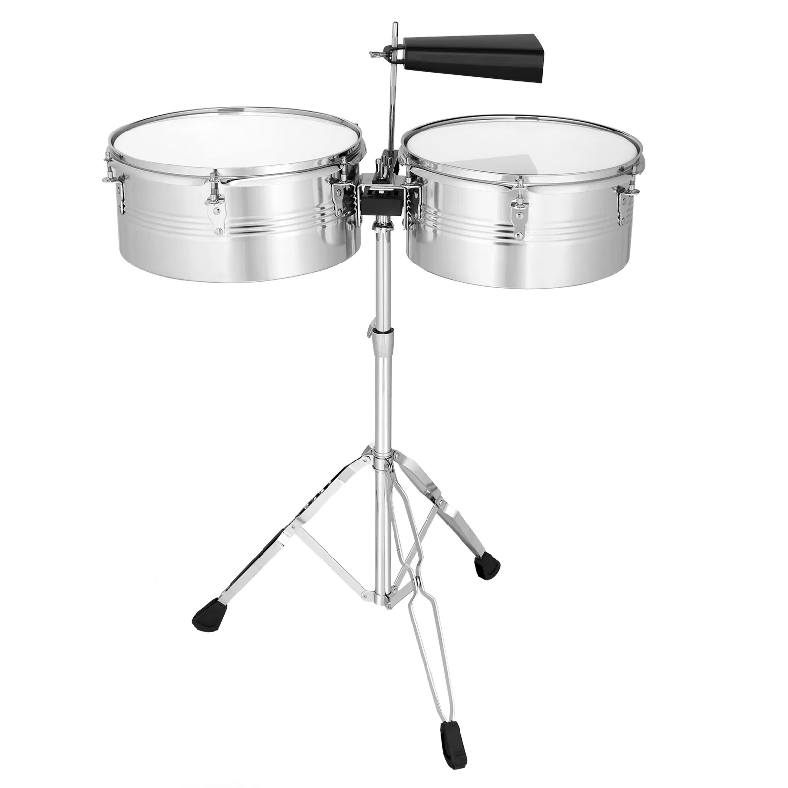 Percussion 13" & 14" Timbales Drum Set with Stand and Cowbell Silver image 7