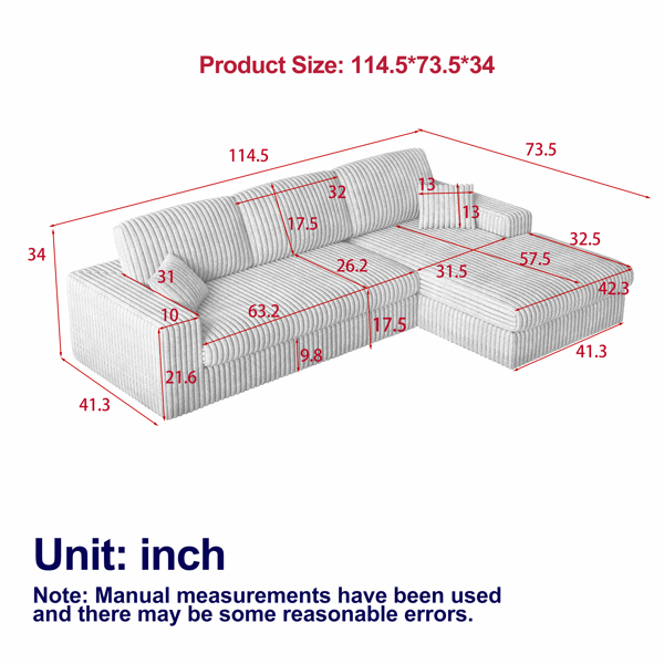 114.5'Modern Corduroy Modular foam Sofa, Recliner Seat reversible Sofa, 2in1 Sofa with Recliner and L-Shaped Sofa Combination with Three Cushion Neck Pillow Combination and Two Throw Pillows 2 package-28