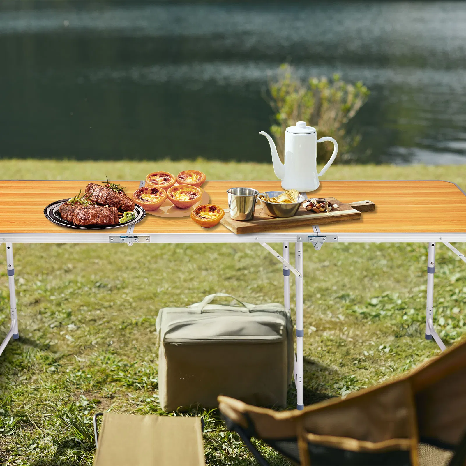 6ft Aluminum Alloy Folding Table wood grain color image 2