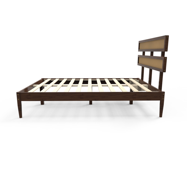 Dark walnut wood painted finish + rattan and pine wood double headboard full size wooden bed, Bohemian style-22