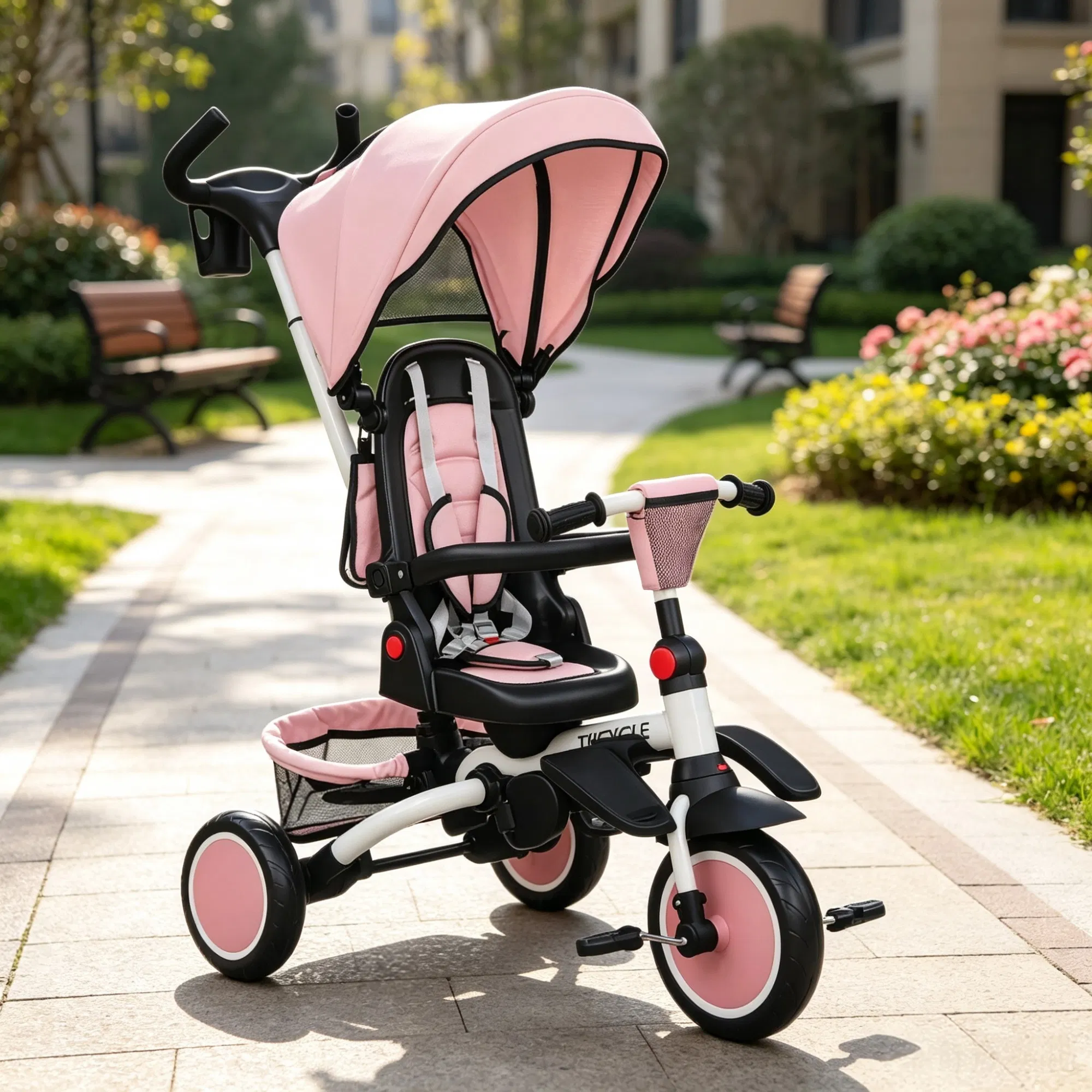 Pink 6-in-1 Convertible Kids Tricycle: 1-5Y Stroller Trike with Adjustable Push Handle, Removable Canopy & Reversible Seat