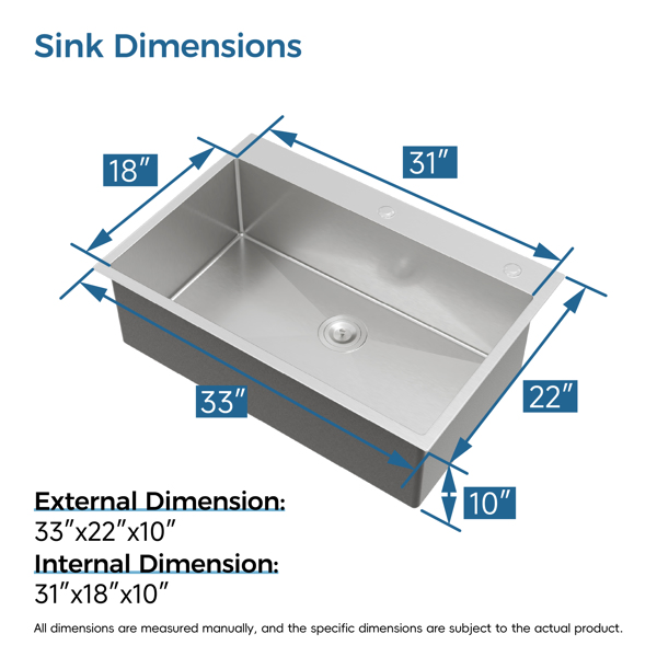 Kitchen Sink, 33″x22″ Single Bowl, Overmount Handmade Sink in Brushed Nickel, with US Standard Drain and Hook[Unable to ship on weekends,usps/fedex]-19