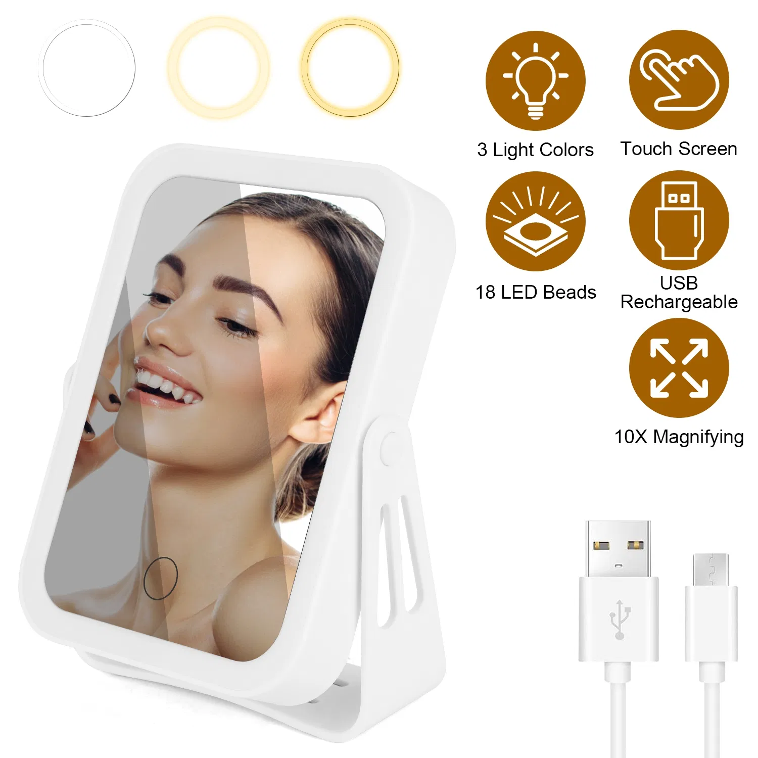10X Magnifying Lighted Makeup Mirror Double Sided Travel Makeup Mirror with 3 Light Colors Touch Screen USB Rechargeable GPCT5207