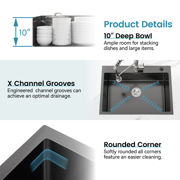 Kitchen Sink, 33″x22″ Single Bowl, Overmount Handmade Sink in Black, with US Standard Drain and Hook[Unable to ship on weekends,usps/fedex]-11