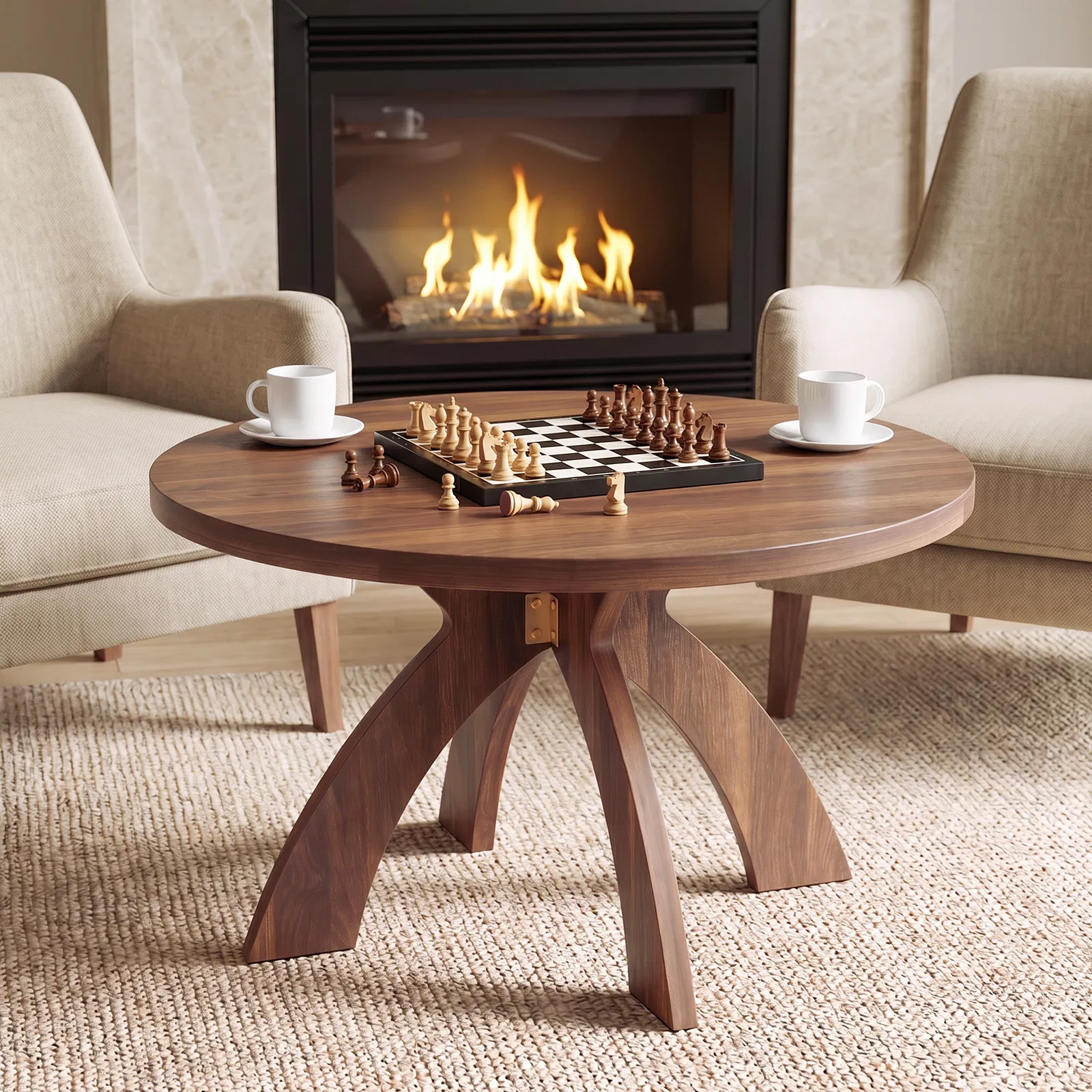 Round Coffee Table, 31.5 Inch Walnut Finish MDF Coffee Table with Curved Cross Legs, Modern Minimalist… image 10
