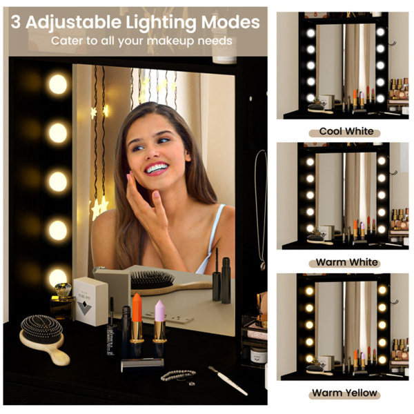 3-Color LED Lighted Vanity Desk with Charging Station - Foldable Makeup Table & Cushioned Stool Set-13