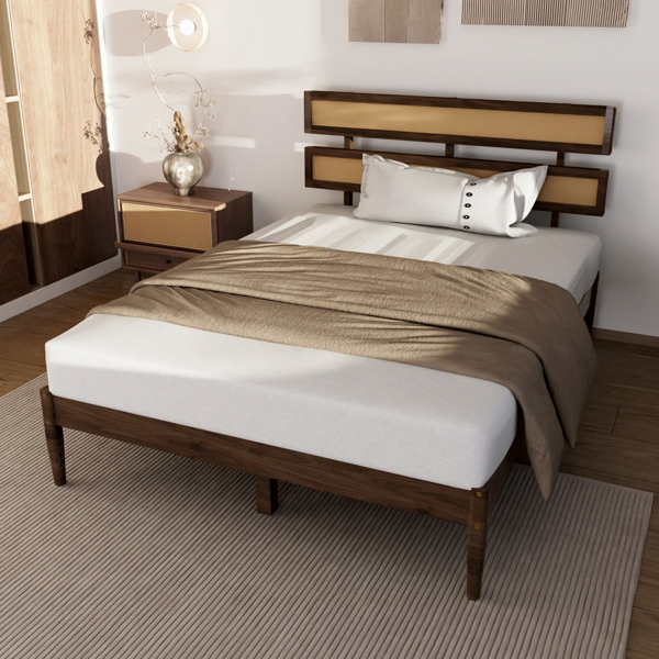 Dark walnut wood painted finish + rattan and pine wood double headboard full size wooden bed, Bohemian style-17