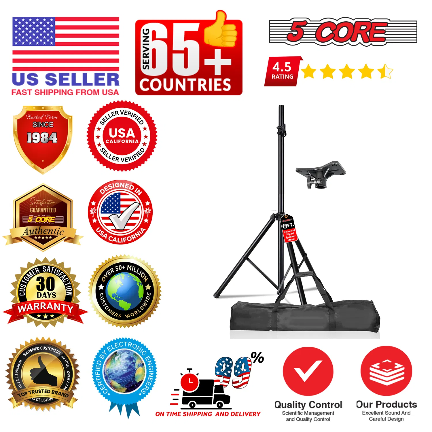 5 Core Speaker Stand Tripod Floor Heavy Duty Adjustable Up to 72 Inch DJ Studio Monitor Stands Pole Mount image 14