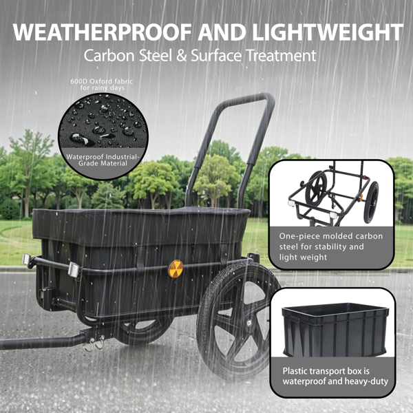 2-in-1 Bike Cargo Trailer Pushcart, Bicycle Trailer with Removable Box and Waterproof Cover, Black, Pushcart Stroller with Tow Hitch and Removable Handlebar, black -69