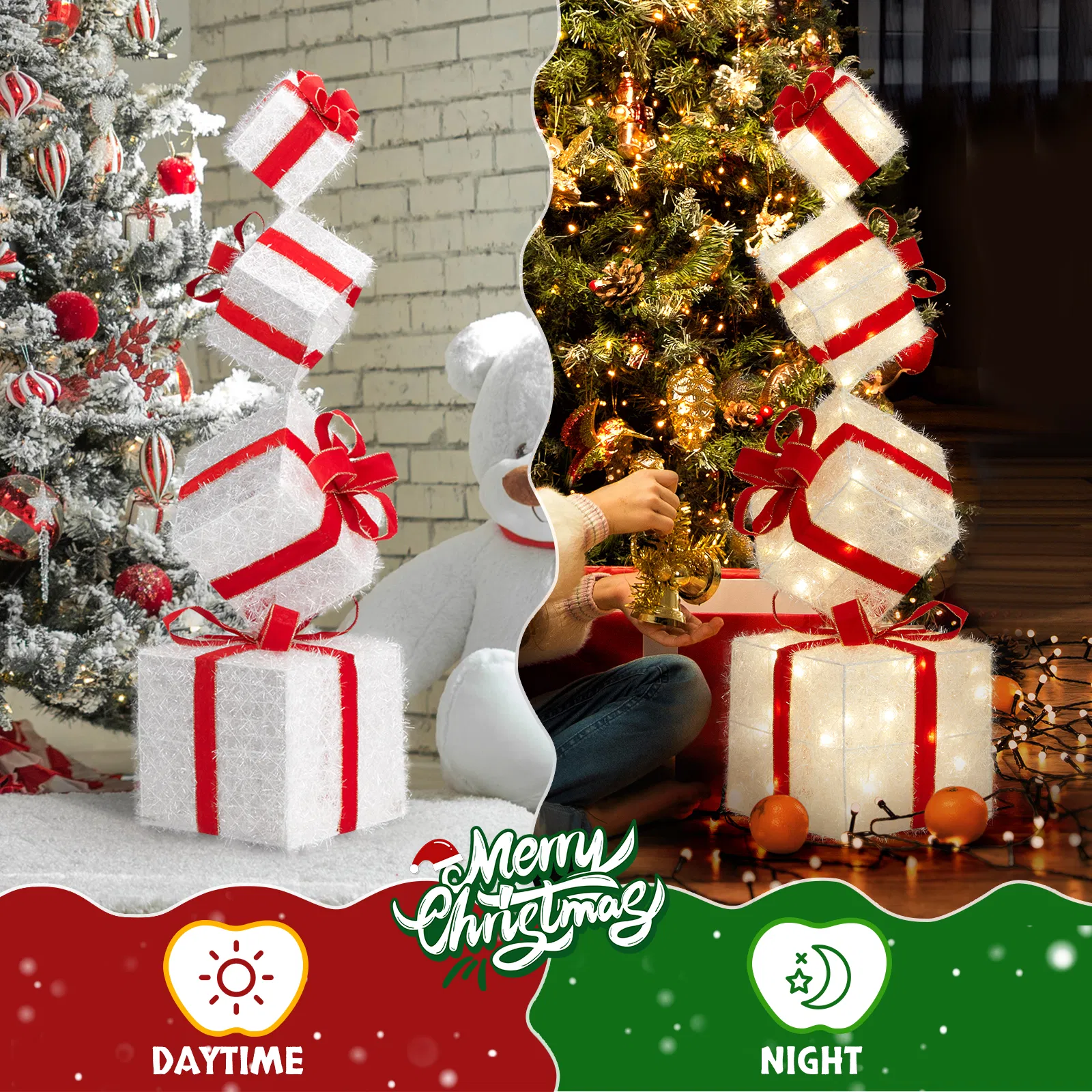 3FT Lighted Gift Box Tower, Pre-lit Stacked Present Boxes Ornament with 80 LED Warm White Lights and… image 6