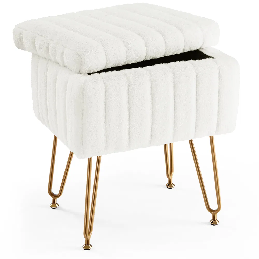 Vanity Stool Chair with Storage, Ottoman Faux Fur Soft Padded Makeup Footstools Seat with 4 Metal Legs Anti-Slip Adjustable Feet Modern image 10