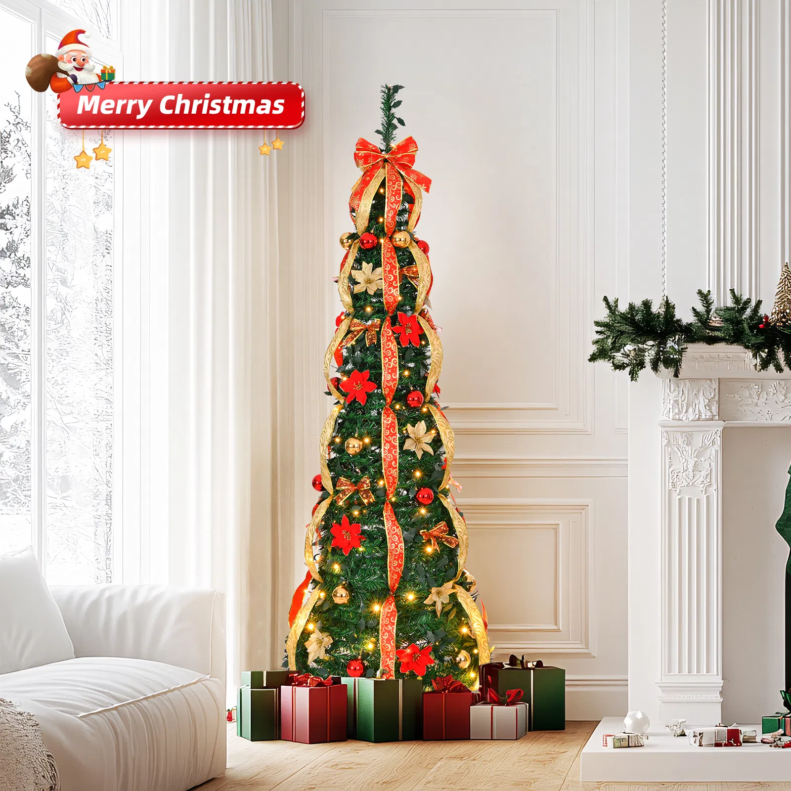 6 FT Fully Decorated Pre-lit Christmas Tree, Pop Up Artificial Xmas Tree with 150 Warm Lights Battery Operated and Red & Golden Ornaments for Home Office Store Holiday Deco image 5