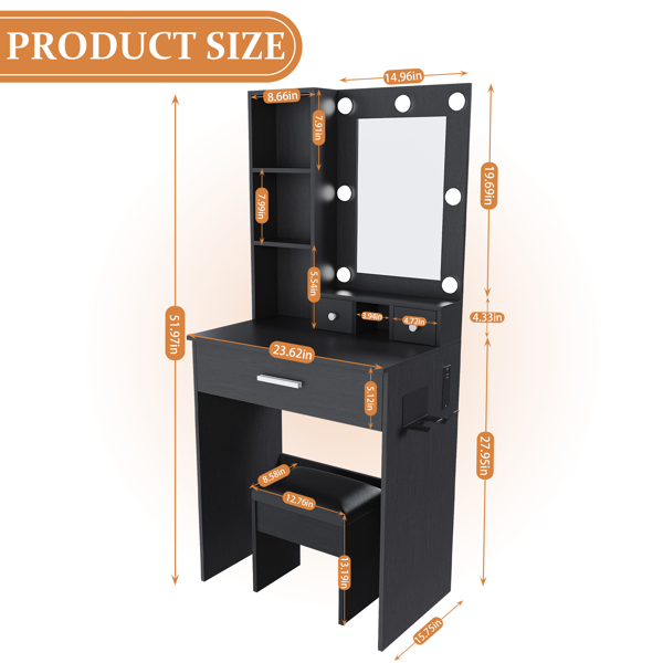 Vanity Table with Mirror & Adjustable LED Lights, Power Outlet, Hairdryer Holder & Stool – Compact Dressing Desk for Small Bedrooms(Black) -24