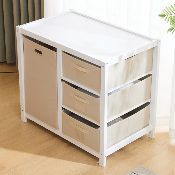 White painted pine wood frame, removable top, 87*53*87.5cm children's wooden bed with 3 fabric drawers + 1 fabric bag, and a changing table-61