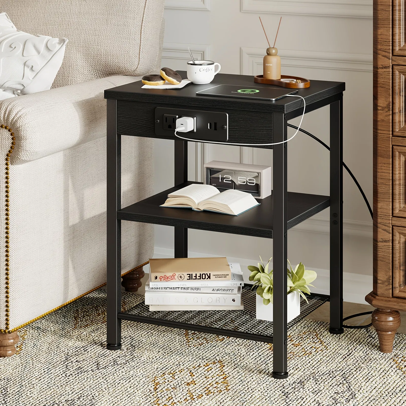 15.7-inch small side table with charging device, coffee table with socket and USB interface, three-layer adjustable storage bedside cabinet image 3