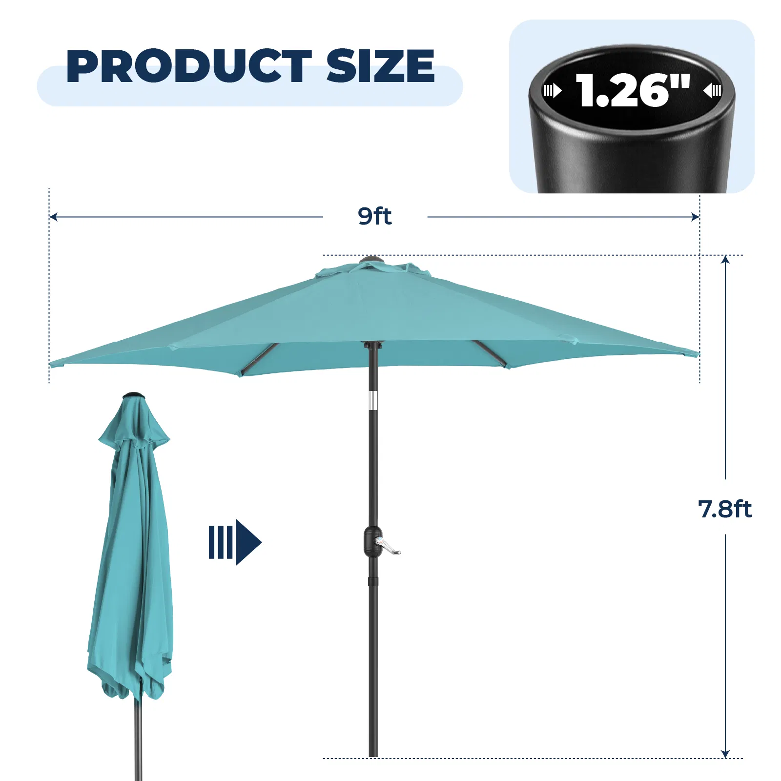 9ft Patio Umbrella, Outdoor Market Umbrella with Push Button Tilt, Crank Handle, 6 Sturdy Iron Ribs, UPF 50+ Waterproof Polyester Canopy, KD Design for Garden, Deck, Backyard, Poolside, Sky Blue image 16