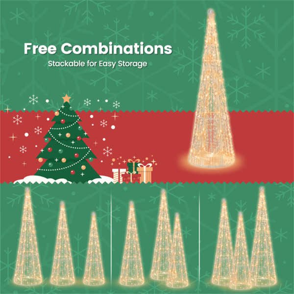 3-Piece Pre-Lit Christmas Cone Trees - 90 Warm White LEDs+Star Beaded Strings, Waterproof, 32