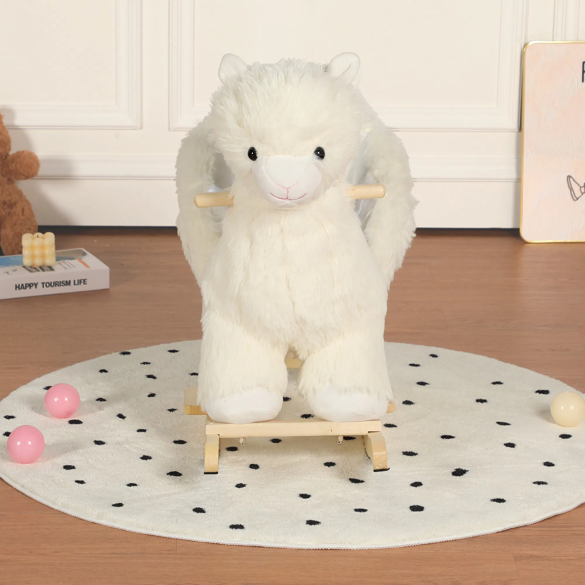 Kids Ride-On Rocking Horse Toy with Lullaby Song,Alpaca Rocking Toy with Hand Puppets and Safety Belt For Children 1-3 Years,Soft Plush Fabric,White