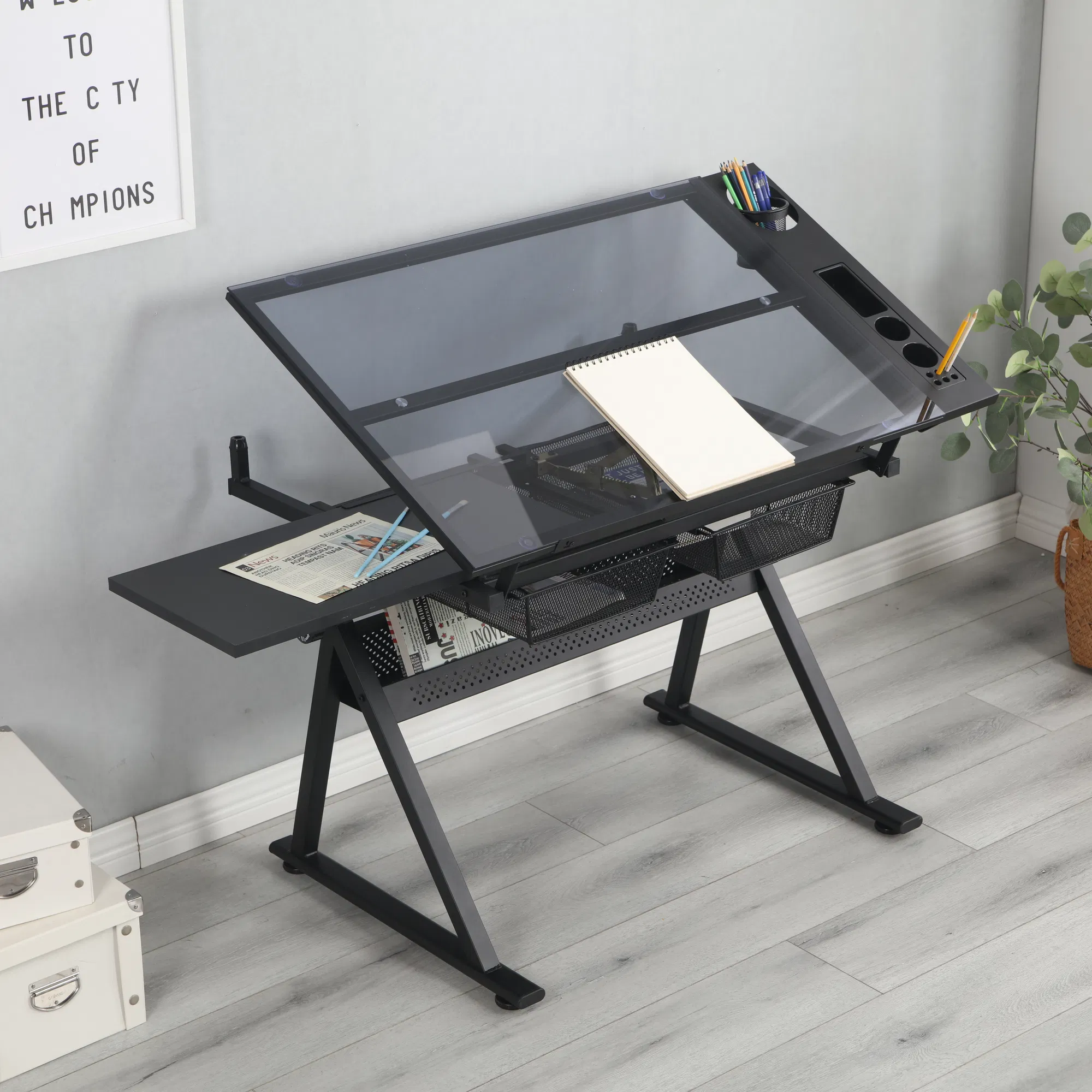 black adjustable tempered glass drafting printing table with chair image 7