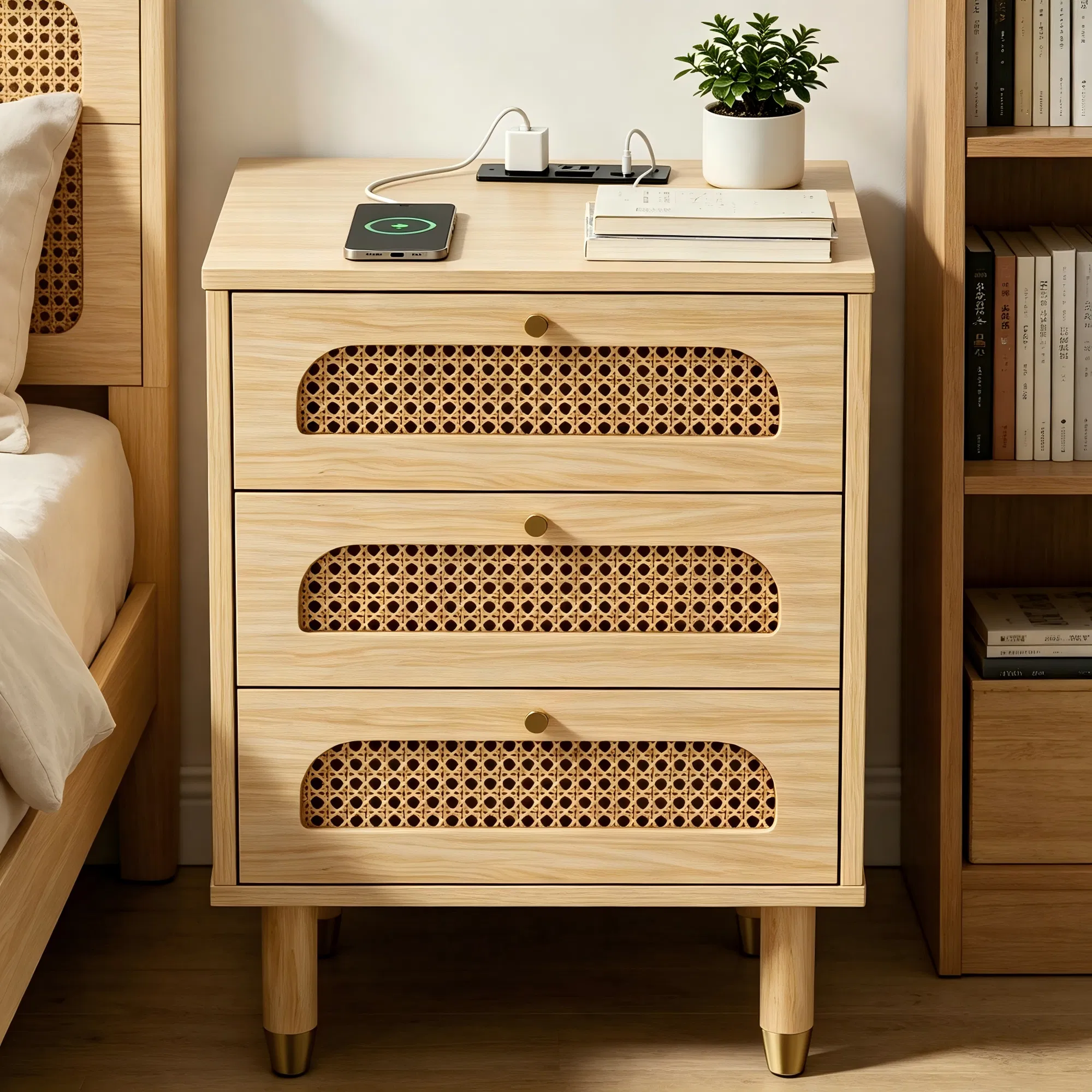 3-Drawer Nightstand with Rattan-Style Finish 15.75"*13.78"*23.82" with Power Outlet Oak image 11