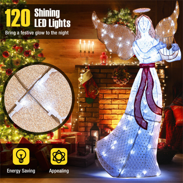 5ft Pre-Lit Christmas Angel Decor - 120 Cold White LEDs, IP44 Waterproof, Metal+Mesh Fabric-21