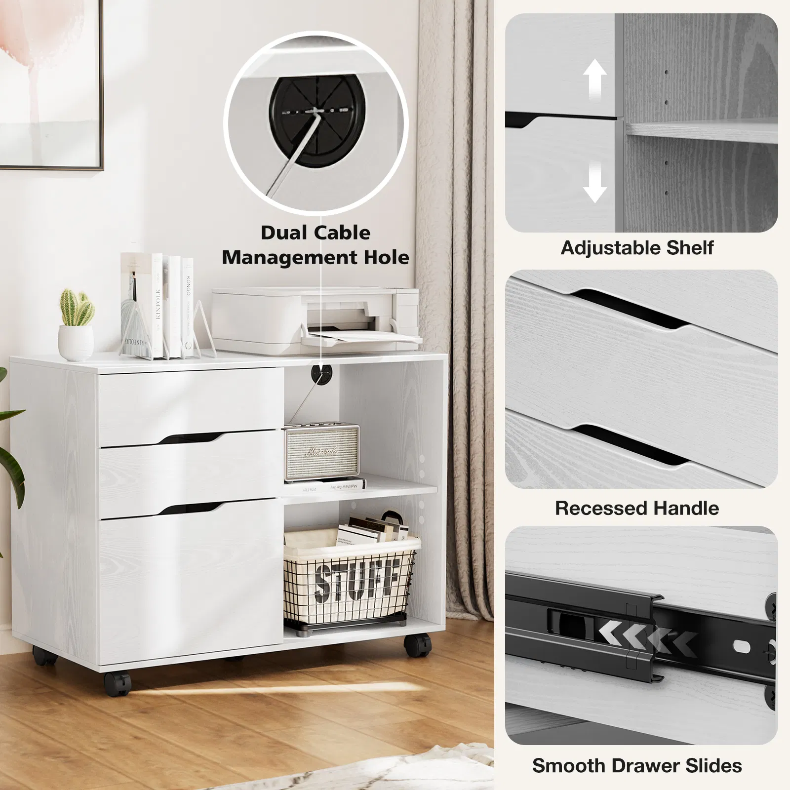 3 Drawer Mobile Rolling Lateral File Cabinet For Home Office And Kids Room image 6