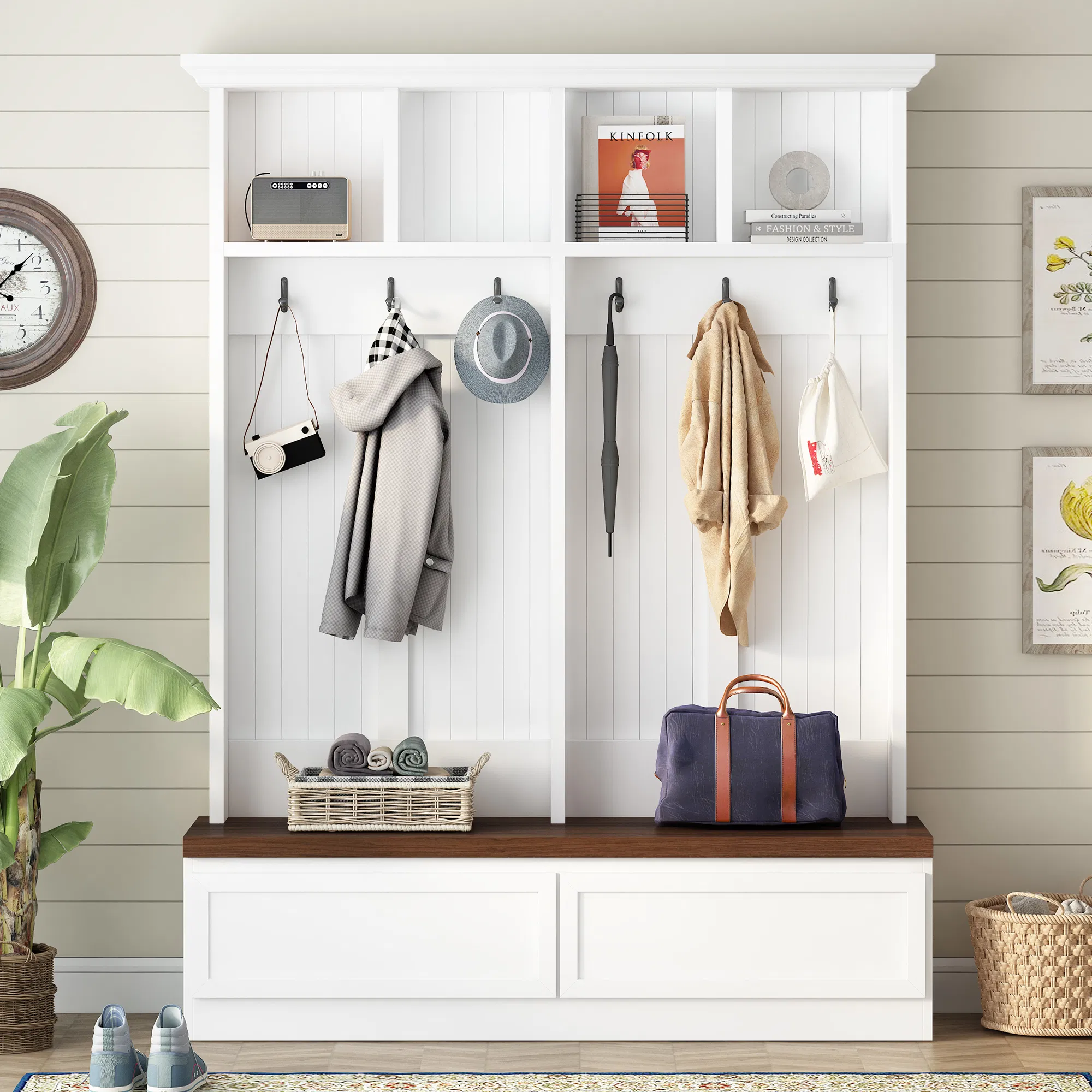 Farmhouse 4-in-1 Hall Tree with Wood Grain Bench, Mudroom Versatile Coat Rack with 2 Large Drawer… image 8