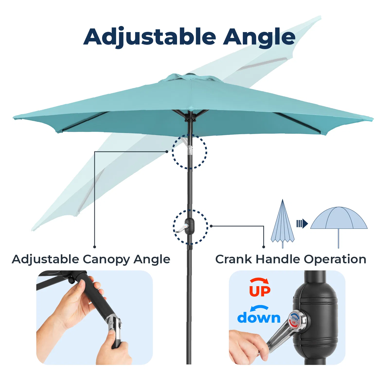 9ft Patio Umbrella, Outdoor Market Umbrella with Push Button Tilt, Crank Handle, 6 Sturdy Iron Ribs, UPF 50+ Waterproof Polyester Canopy, KD Design for Garden, Deck, Backyard, Poolside, Sky Blue image 14